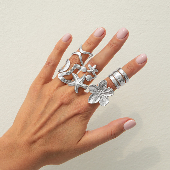 European and American Cross-Border Jewelry Vacation Style Irregular Open Ring Starfish Pearl Alloy Ring Set