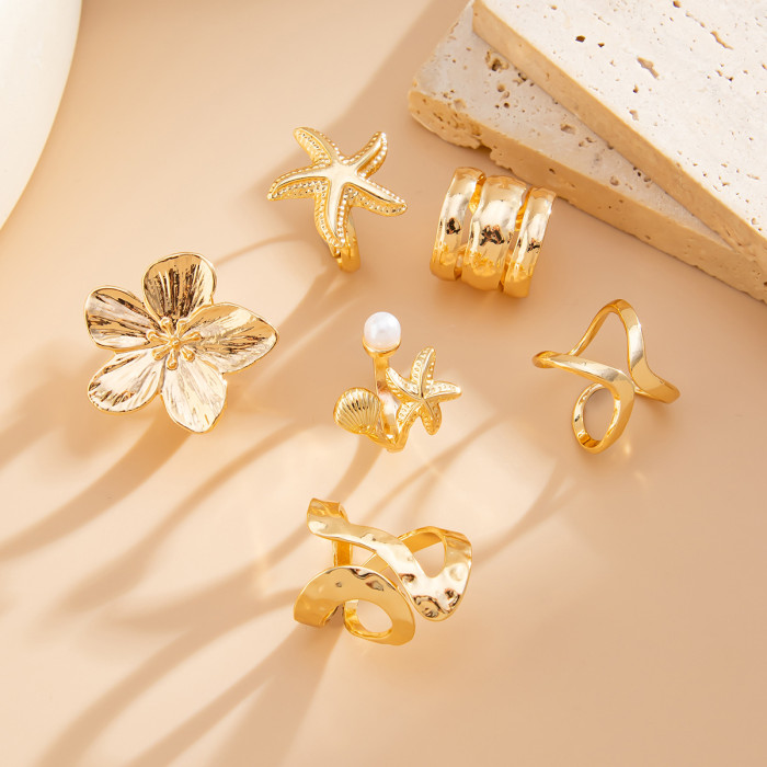 European and American Cross-Border Jewelry Vacation Style Irregular Open Ring Starfish Pearl Alloy Ring Set