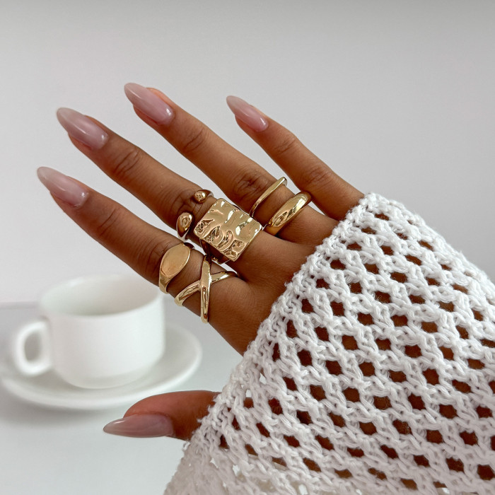 European and American Cross-Border Jewelry Niche Metallic Glossy Ring Set Exaggerated Irregular Geometric Open Ring