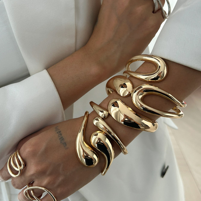 European and American Cross-Border Jewelry Layered Style Irregular Alloy Bracelet Water Drop Open Spring Bracelet Set