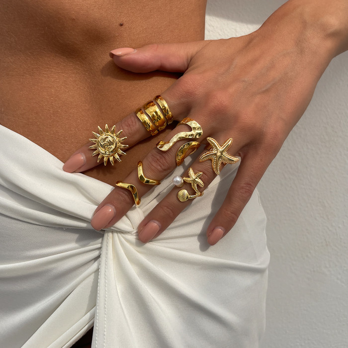 European and American Cross-Border Jewelry Vacation Style Irregular Open Ring Starfish Pearl Alloy Ring Set