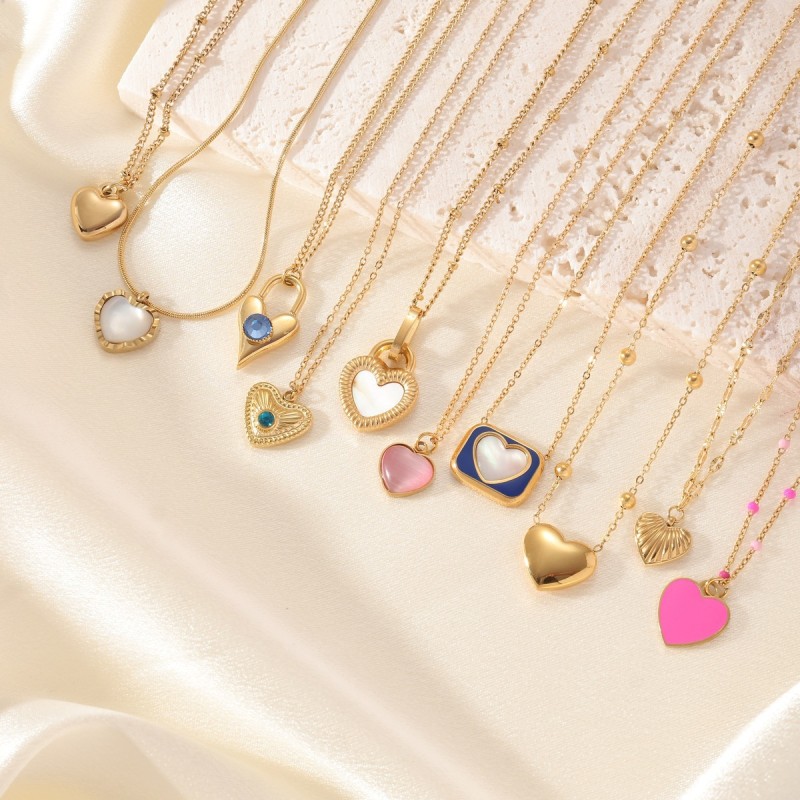 Cross-Border Hot Selling Light Luxury Simple Versatile Heart-Shaped Titanium Steel Plain Chain Oil-Drip Colorful Natural Stone Shell Niche Necklace