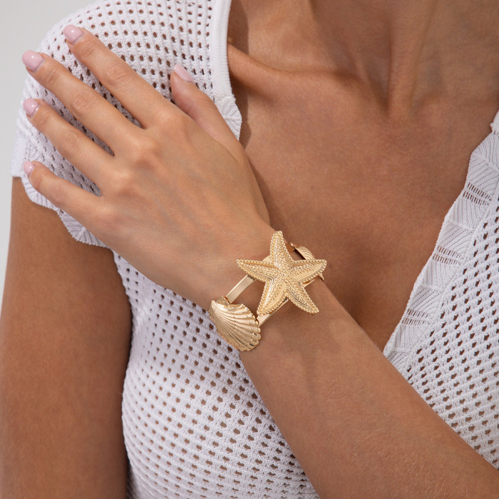 European and American Cross-Border Beach Vacation Style Starfish Conch Bracelet for Women Exaggerated Metallic Texture Rough Shell Open Bangle