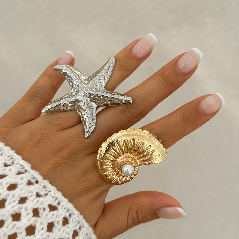 European and American Cross-Border Jewelry Vacation Style Starfish Alloy Ring Beach Imitation Pearl Adjustable Ring