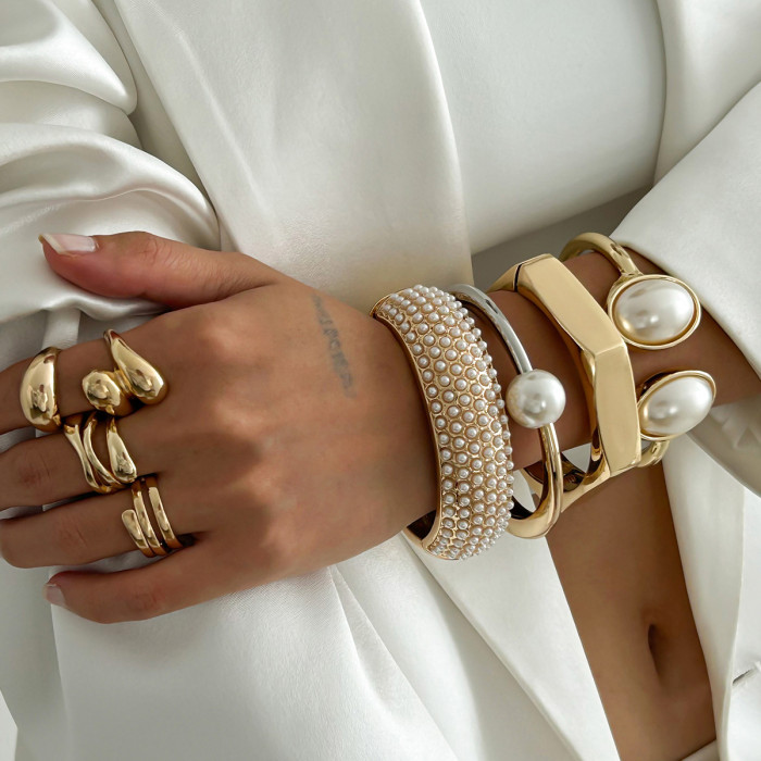 Jewelry Casual Style Pearl Open Cut Edge Bracelet Oval Two-Tone Alloy Bracelet Set