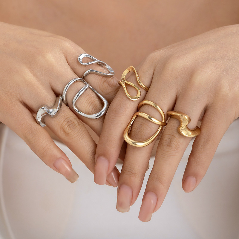 European and American Cross-Border Minimalist Irregular Lava Open Smooth Ring Set Niche Hollow Arc Design Sense Rings