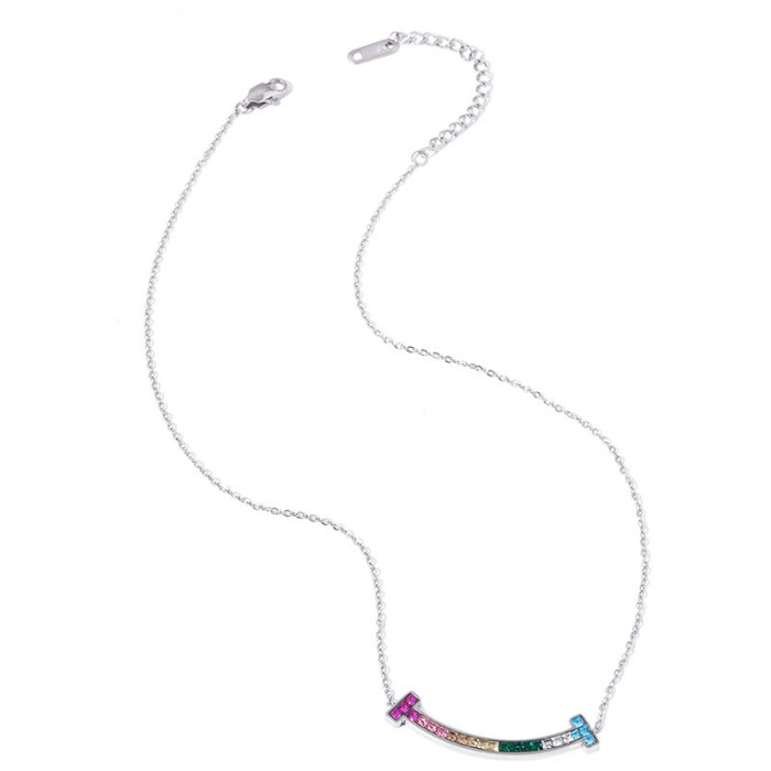 INS New Sweet Style Rainbow Necklace for Girls Colorful Zircon Fresh Versatile Collarbone Chain Summer