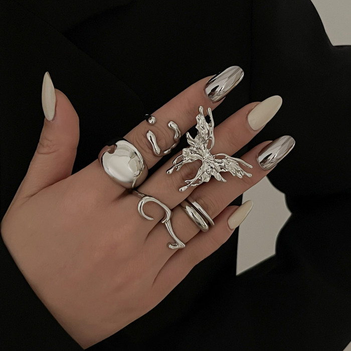 European and American Cross-Border Jewelry Minimalist Butterfly Smooth Ring Hot-Selling Liquid Irregular Alloy Ring Set