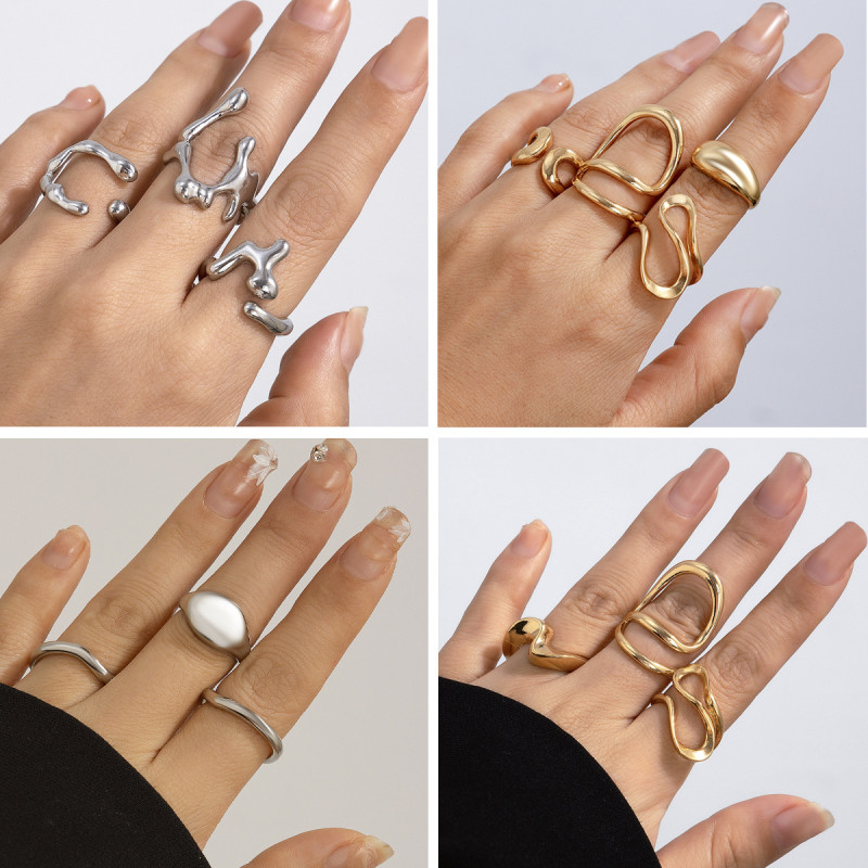 European and American Cross-Border Minimalist Irregular Lava Open Smooth Ring Set Niche Hollow Arc Design Sense Rings