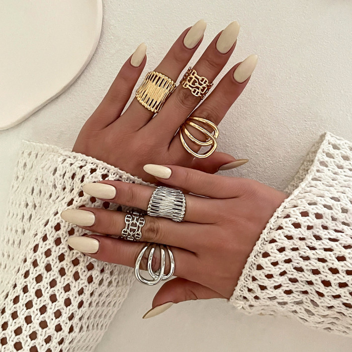 European and American Cross-Border Jewelry Internet Celebrity Style Hollow Striped Ring Set Personality Irregular Alloy Ring Multi-Layer