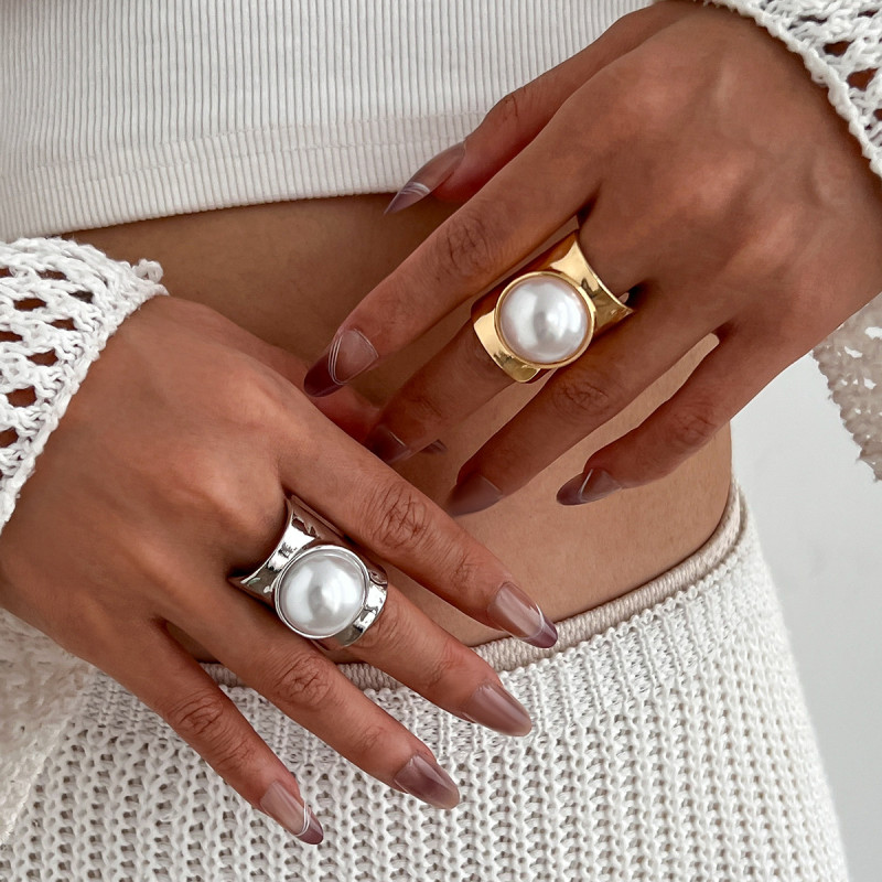 Europe and America Cross Border Ornament Exaggerated Inlaid Large Pearl Wide Ring Personality Geometry Glossy Ring Knuckle Ring