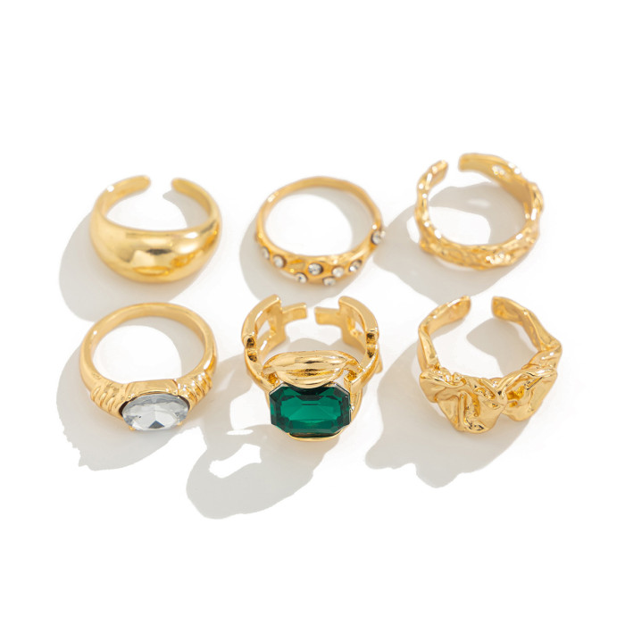 Europe and America Cross Border Ornament Fashion Sense Hollow Jeweled Irregular Ring Vintage Alloy Pleated Ring Suit