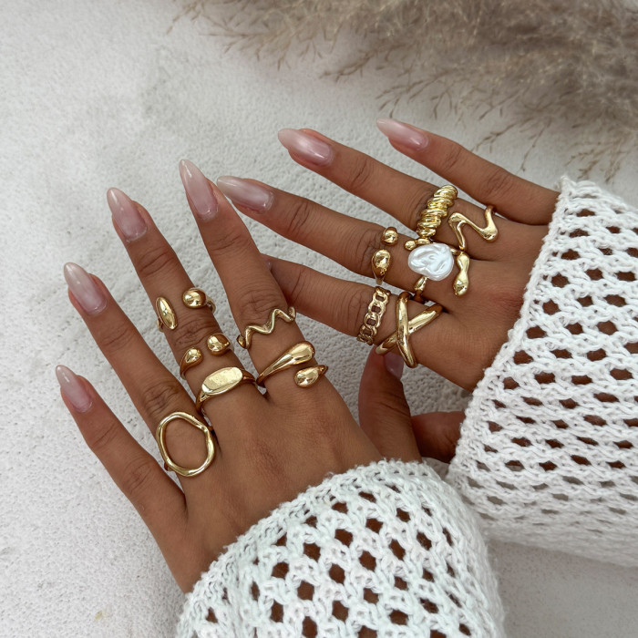 European and American Cross-Border High-End Photosensitive Surface Water Drop Hug Ring Set Baroque Imitation Pearl Open Joint Ring
