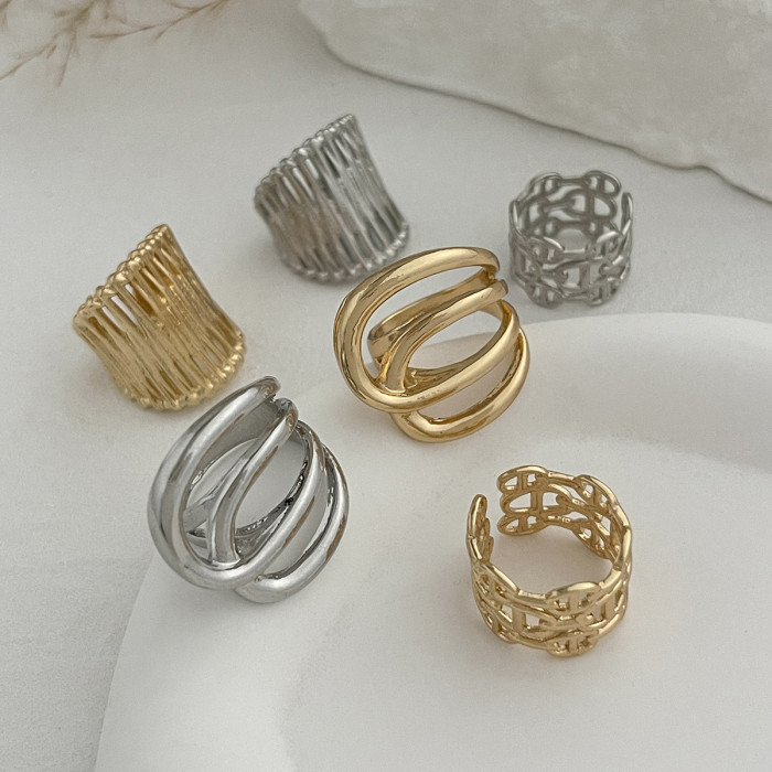 European and American Cross-Border Jewelry Internet Celebrity Style Hollow Striped Ring Set Personality Irregular Alloy Ring Multi-Layer