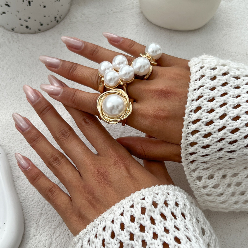 European and American Cross-Border Jewelry Baroque Metal Ring Set Ins Style Imitation Pearl Hollow Joint Ring
