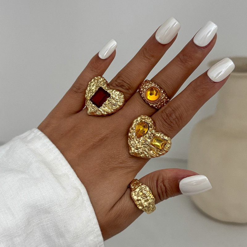 European and American Cross-Border Jewelry INS Style Metal Lava Heart Wrinkle Ring Design Sense Square Diamond Inlaid Knuckle Ring