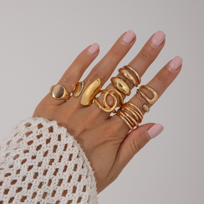 European and American Cross-Border Jewelry Niche Metallic Glossy Ring Set Exaggerated Irregular Geometric Open Ring
