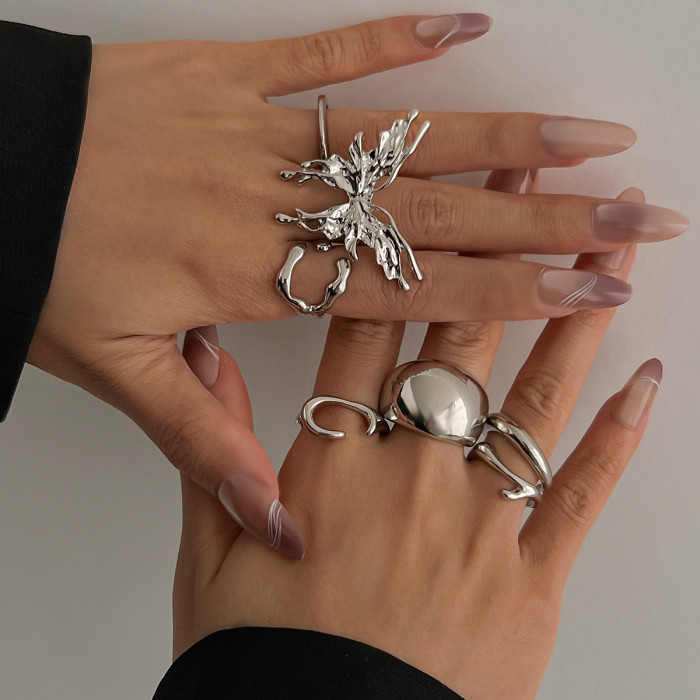 European and American Cross-Border Jewelry Minimalist Butterfly Smooth Ring Hot-Selling Liquid Irregular Alloy Ring Set