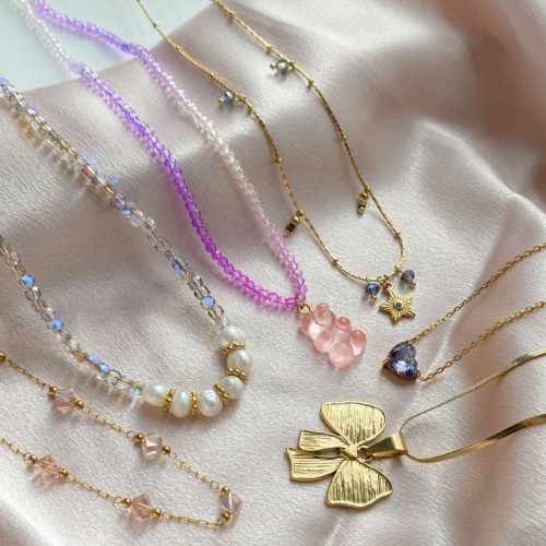 Korean Style Fashion Layered Double Chain Inlaid Diamond Cherry Starfish Flower Moon Pendant Stainless Steel Necklace
