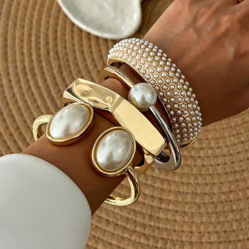 European and American Cross-Border Jewelry Casual Style Pearl Open Cut Edge Bracelet Oval Two-Tone Alloy Bracelet Set