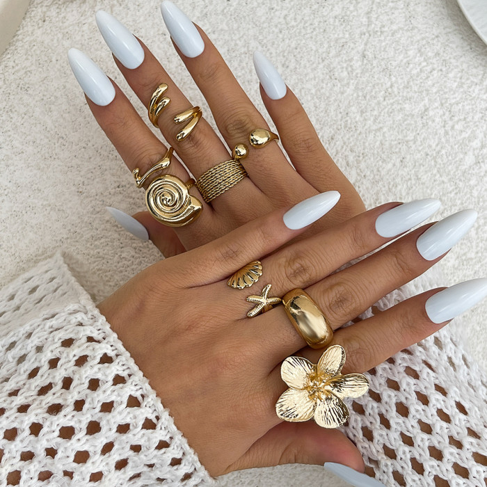 European and American Cross-Border Jewelry Vacation Style Starfish Scallop Open Ring Ins Alloy Flower Ring Set Glossy