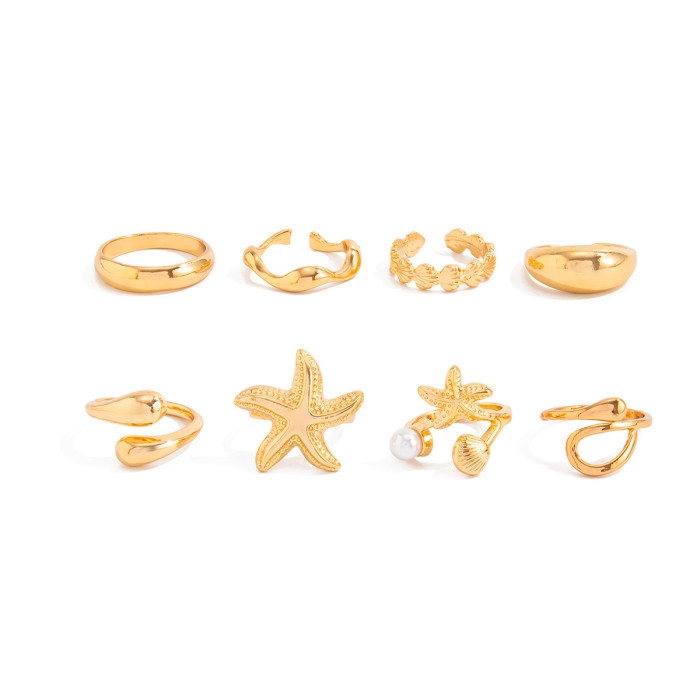 European and American Cross-Border Vacation Starfish Metal Open Ring INS Style 6-Piece Set Star Scallop Joint Rings for Women