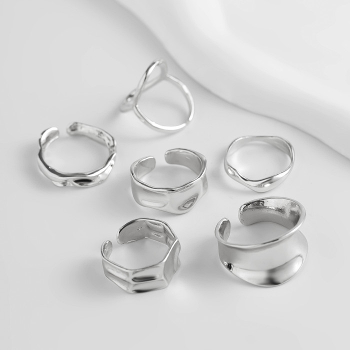 European and American Cross-Border Jewelry 6-Piece Hollow Pleated Ring Set 3-Piece Irregular Curved Alloy Bracelet