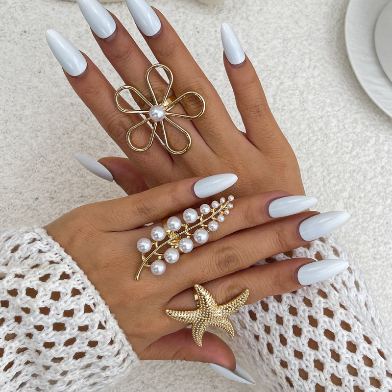 European and American Cross-Border Jewelry Layered Style Irregular Alloy Rings Ins Style Pearl Inlaid Tree Shape Ring Set