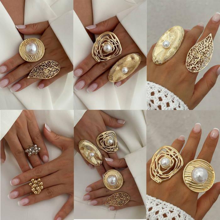 European and American Cross-Border Jewelry Irregular Hollow Wrapped Imitation Pearl Ring Ins Style Niche Alloy Open Ring
