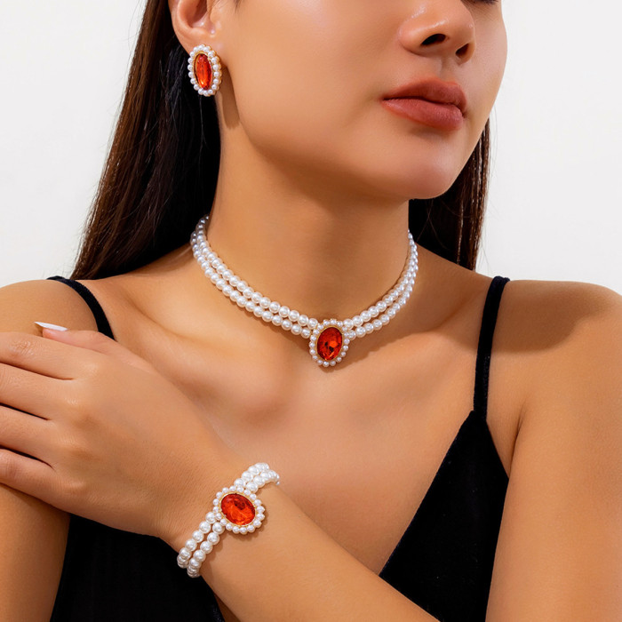Europe and America Cross Border Ornament Light Luxury Short Imitation Pearl Choker Necklace Turquoise Beaded Ethnic Style Collar