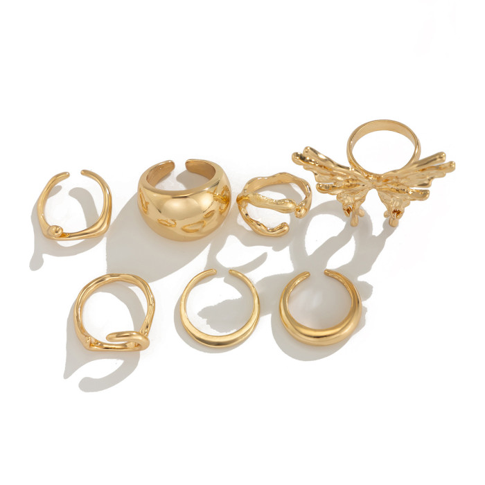 European and American Cross-Border Jewelry Minimalist Butterfly Smooth Ring Hot-Selling Liquid Irregular Alloy Ring Set