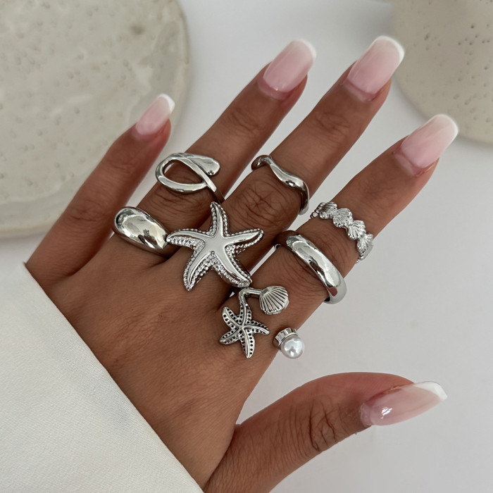 European and American Cross-Border Vacation Starfish Metal Open Ring INS Style 6-Piece Set Star Scallop Joint Rings for Women