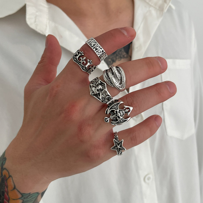 European and American Cross-Border Dark Punk Retro Joint Ring Set Hip-Hop Carved Bat Couple Rings Jewelry