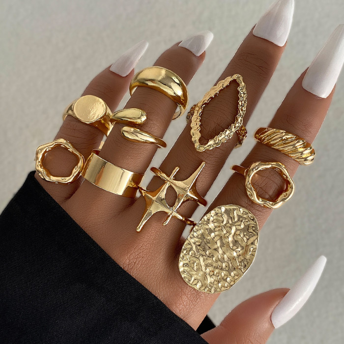 European and American Cross-Border Eco-Friendly Personality Exaggerated Gold Lava Line Irregular Water Drop Smooth Ring Set 15 Pieces