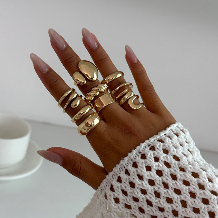European and American Cross-Border Jewelry Niche Metallic Glossy Ring Set Exaggerated Irregular Geometric Open Ring