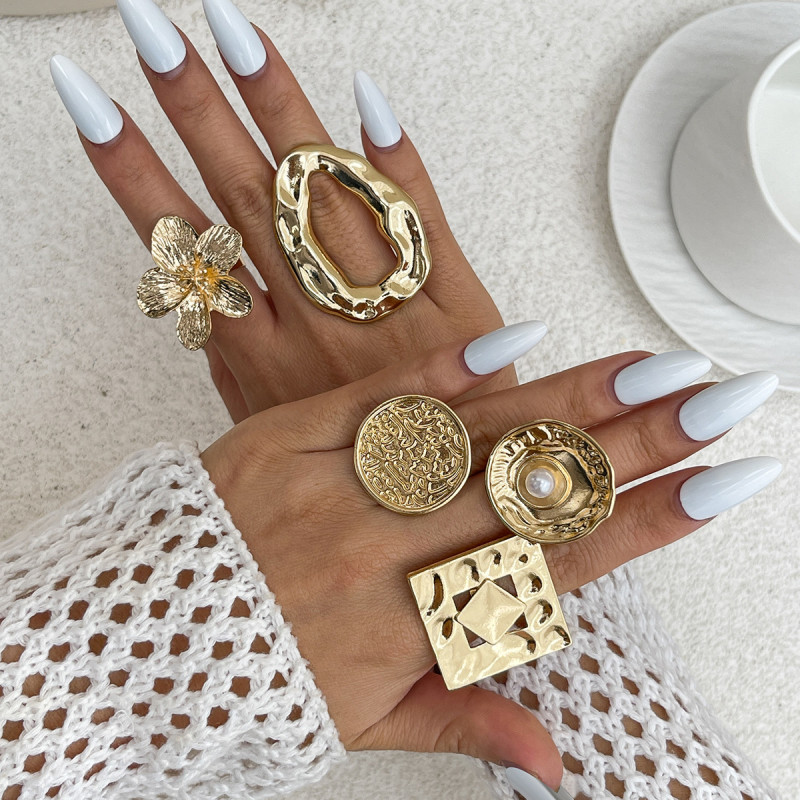 European and American Cross-Border Jewelry Fashionable Irregular Hollow Square Ring Light Luxury Style Geometric Alloy Ring Set