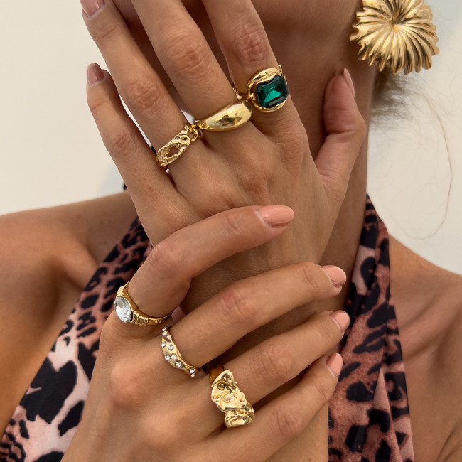 Europe and America Cross Border Ornament Fashion Sense Hollow Jeweled Irregular Ring Vintage Alloy Pleated Ring Suit
