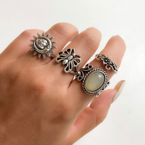 European and American Cross-Border Jewelry Design Trend Hip-Hop Retro Style Egg Surface Ring Butterfly Ring Set Knuckle Ring