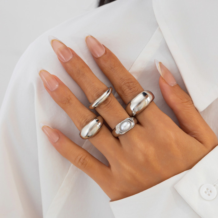European and American Cross-Border Jewelry Fashionable Inlaid Pearl Smooth Ring Simple Irregular Alloy Ring Set