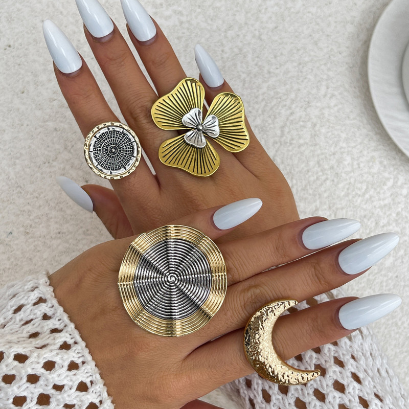 European and American Cross-Border Jewelry Retro Round Compass Ring Set Fashionable Double Layer Three-Leaf Flower Alloy Ring