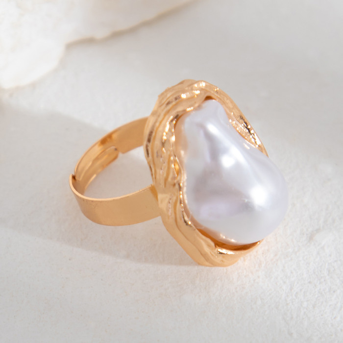 Baroque Irregular Pearl Alloy Ring Set European and American Cross-Border Light Luxury Geometric Metal Hollow Finger Ring