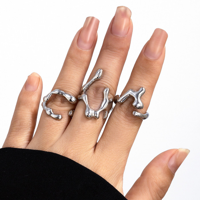 European and American Cross-Border Minimalist Irregular Lava Open Smooth Ring Set Niche Hollow Arc Design Sense Rings