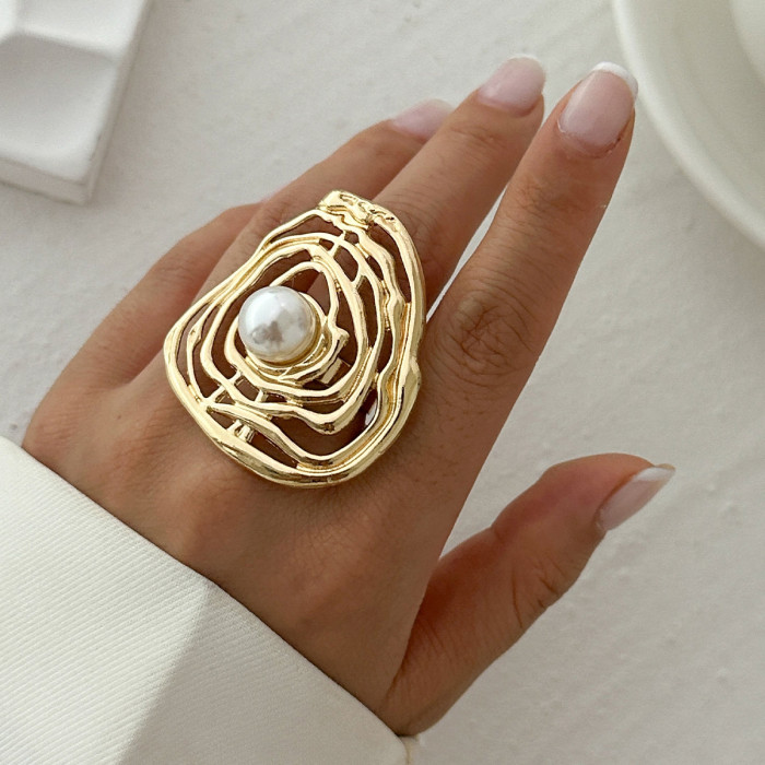 European and American Cross-Border Jewelry Geometric Wave Imitation Pearl Ring Irregular Oval Alloy Wrapped Ring