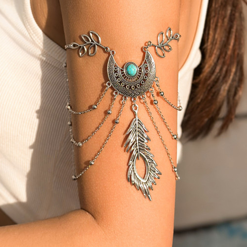 European and American Bohemian Metal Chain Jewelry Arm Chain for Women Punk Retro Dream Catcher Leaf Tassel Open Arm Bracelet
