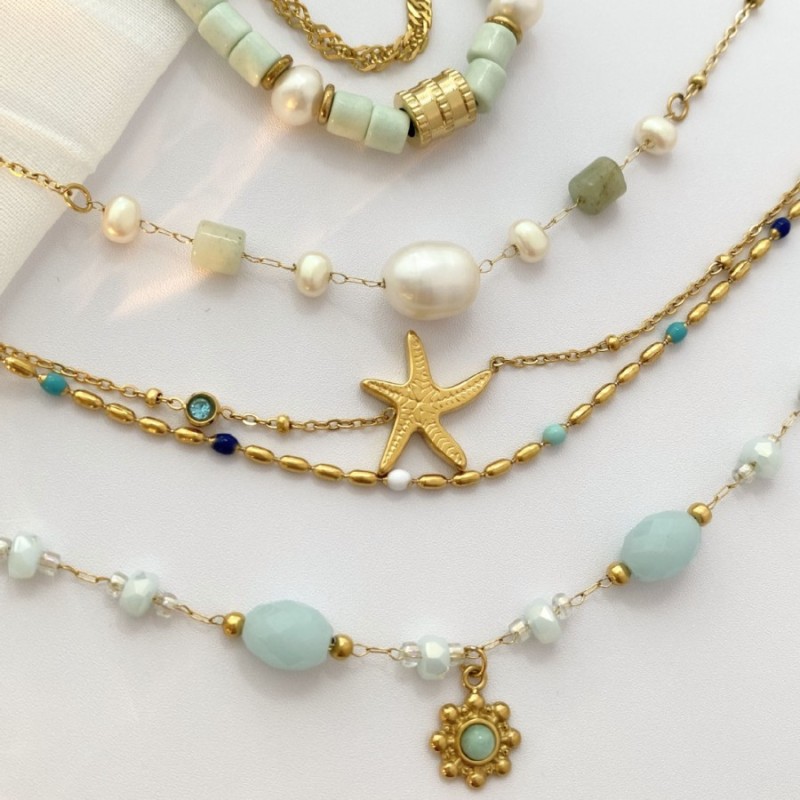 New Colorful Stone Beaded Bracelet Necklace Vintage Style Hexagram Titanium Steel Collarbone Chain Jewelry Wholesale