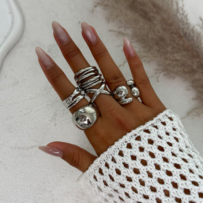 European and American Cross-Border Jewelry Niche Metallic Glossy Ring Set Exaggerated Irregular Geometric Open Ring