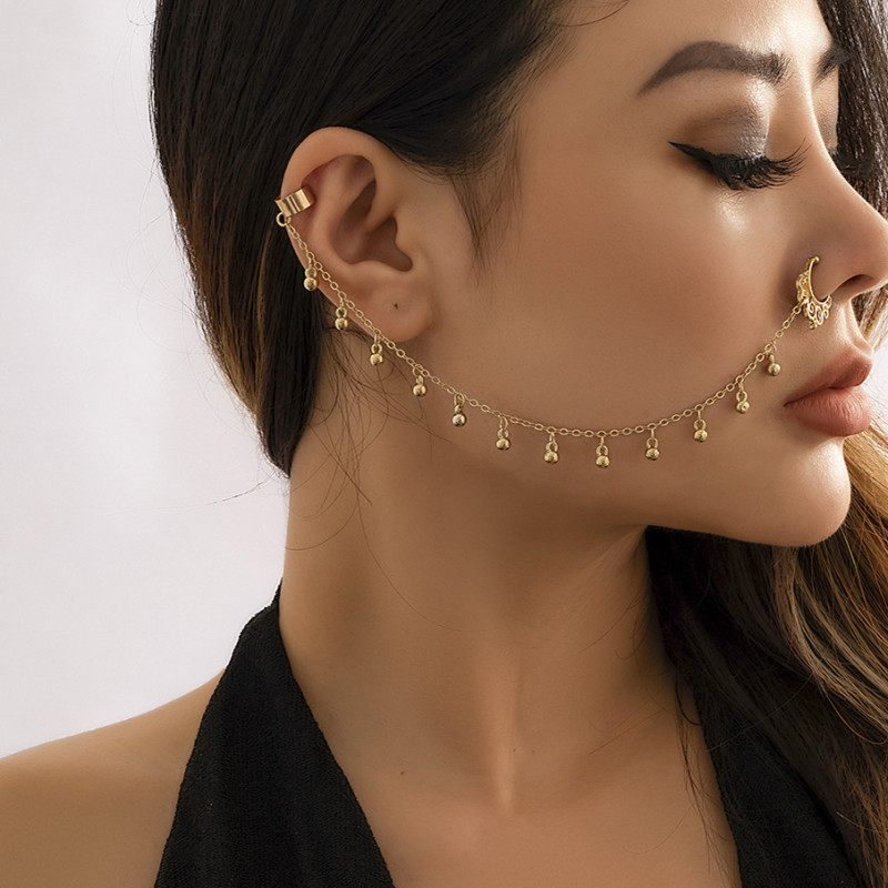 European and American Cross-Border Jewelry Simple Elegant Imitation Pearl Tassel Non-Pierced Nose Jewelry Iron Chain Tassel Personality Nose Stud Nose Ring