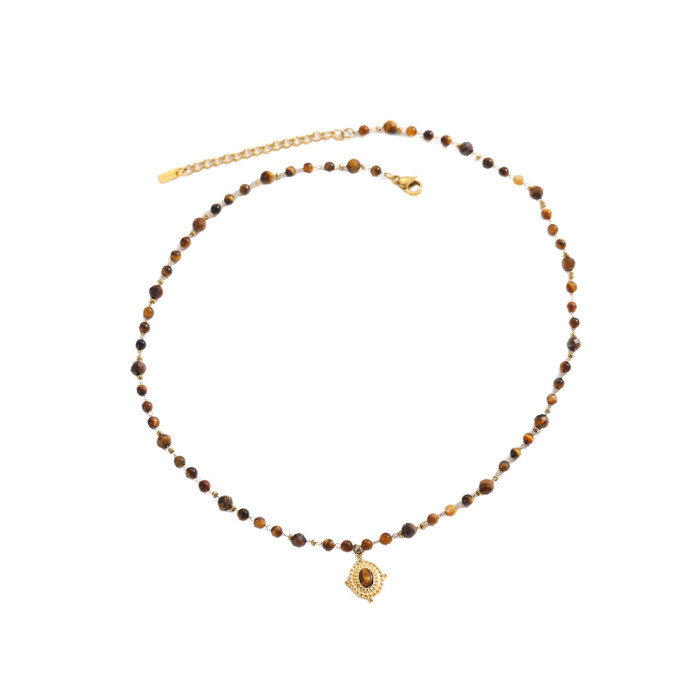 Vintage Tiger Eye Necklace Collarbone Chain Simple Personality Round Bead Natural Stone Stainless Steel Necklace Jewe...