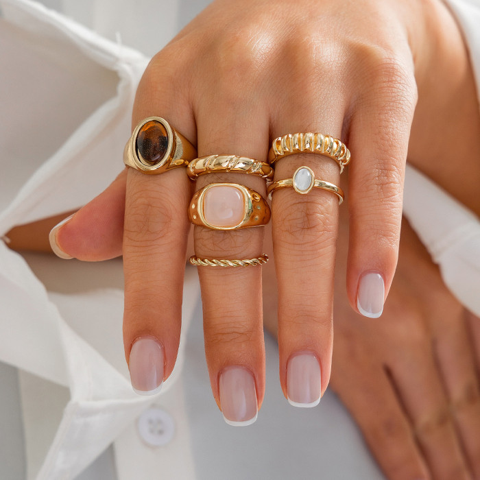 European and American Cross-Border Jewelry Minimalist Style Inlaid Gemstone Irregular Ring Personality Metallic Joint Ring Set