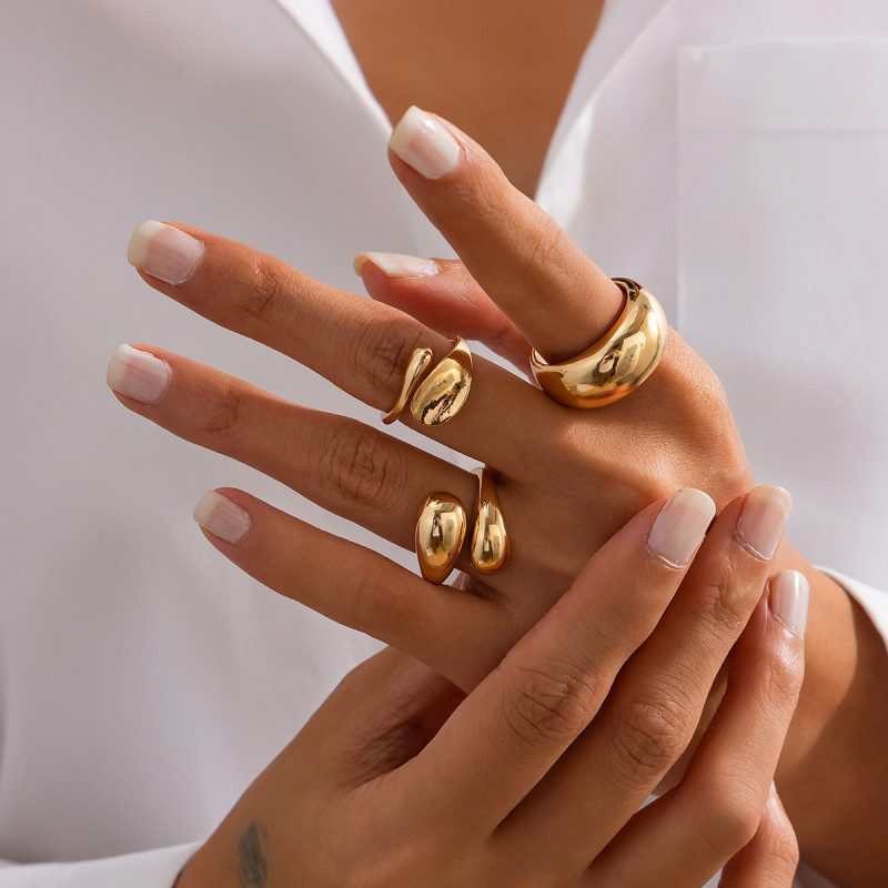 European and American Cross-Border Sweet Cool Ins Style Geometric Baroque Pearl Ring Set Personality Liquid Metal Smooth Ring